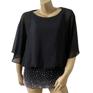 Chaus Womens Medium Black Sheer Overlay Embellished Dolman Tunic Blouse NWT